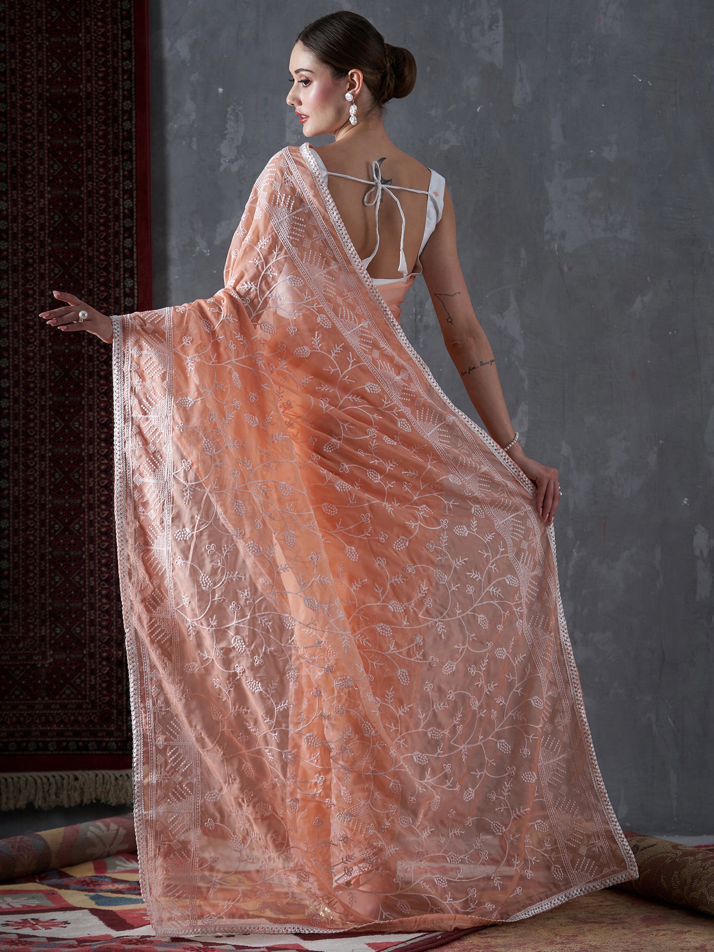 Women's Organza Peach Embellished Designer Saree With Blouse Piece