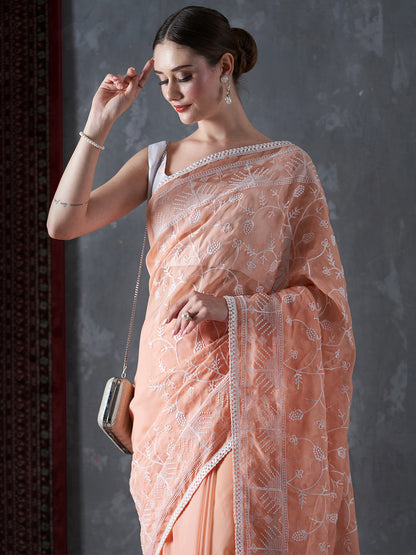 Women's Organza Peach Embellished Designer Saree With Blouse Piece