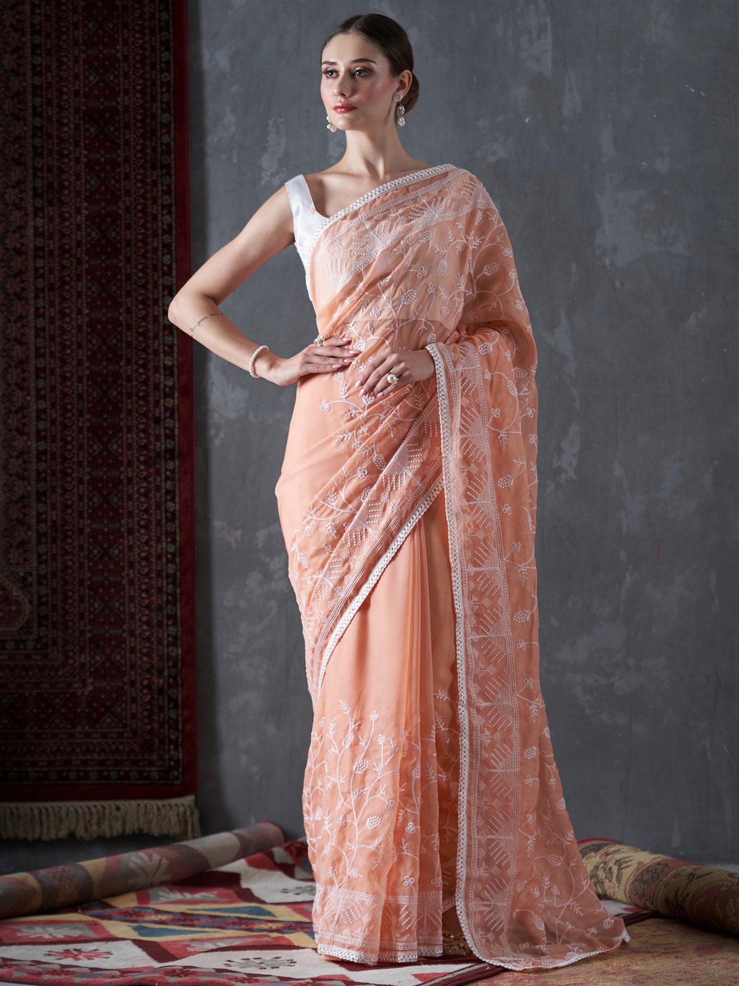 Women's Organza Peach Embellished Designer Saree With Blouse Piece