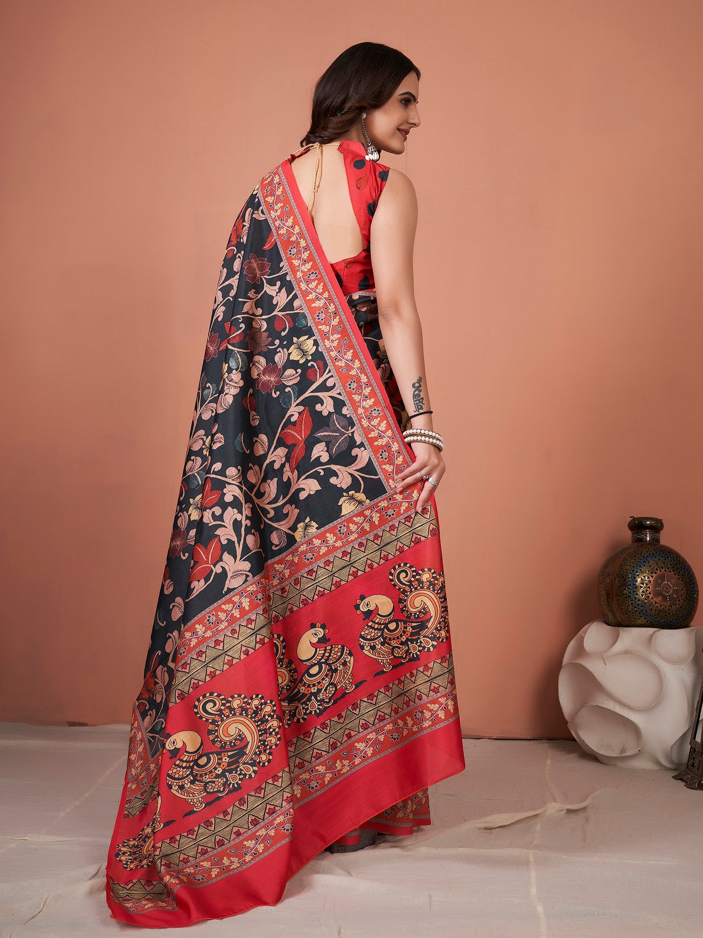 Women's Bhagalpuri Silk Black Printed Designer Saree With Blouse Piece