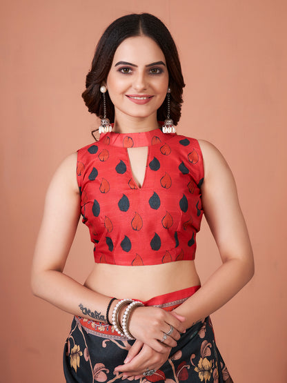 Women's Bhagalpuri Silk Black Printed Designer Saree With Blouse Piece