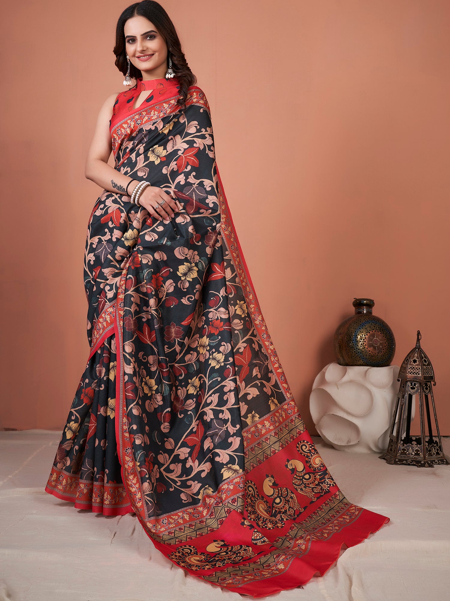 Women's Bhagalpuri Silk Black Printed Designer Saree With Blouse Piece