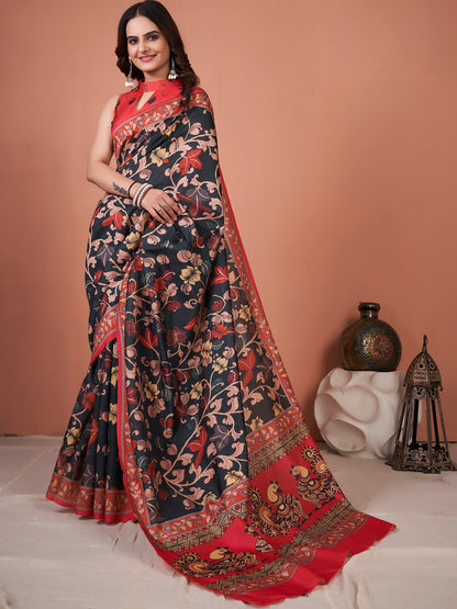 Women's Bhagalpuri Silk Black Printed Designer Saree With Blouse Piece