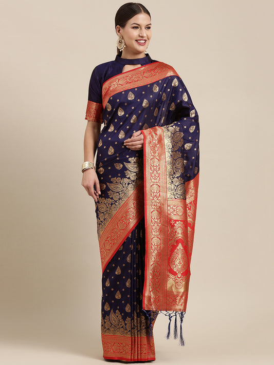 Women's Kanjeevaram Silk Navy Blue Woven Design Designer Saree With Blouse Piece