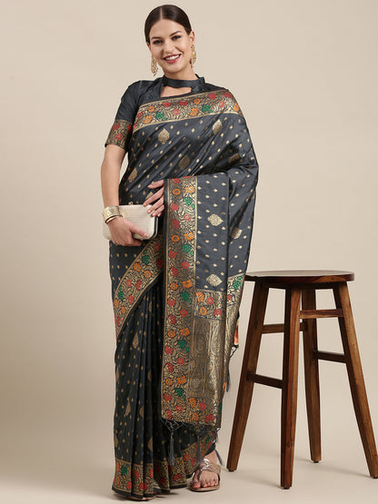 Women's Kanjeevaram Silk Grey Woven Design Designer Saree With Blouse Piece