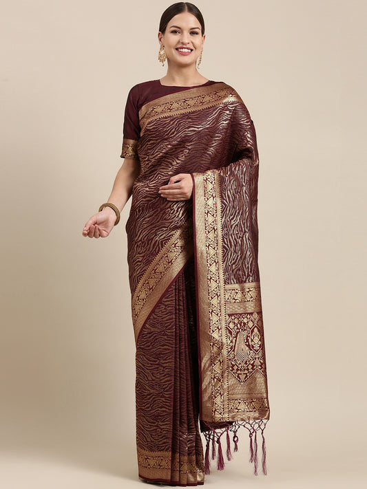 Women's Kanjeevaram Silk Burgundy Woven Design Designer Saree With Blouse Piece