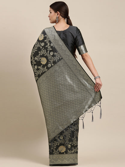 Women's Kanjeevaram Silk Grey Woven Design Designer Saree With Blouse Piece