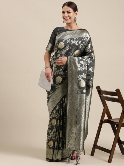 Women's Kanjeevaram Silk Grey Woven Design Designer Saree With Blouse Piece