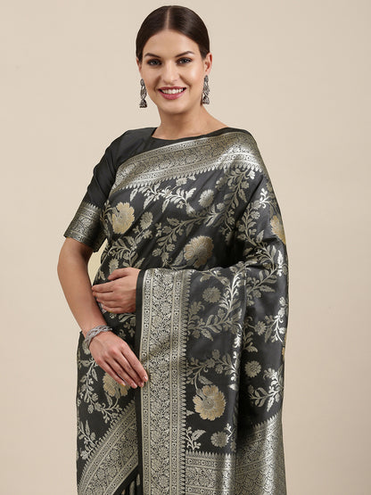 Women's Kanjeevaram Silk Grey Woven Design Designer Saree With Blouse Piece