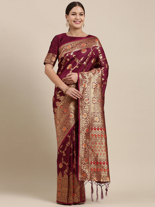 Women's Kanjeevaram Silk Purple Woven Design Designer Saree With Blouse Piece