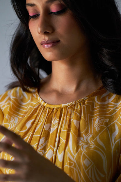 Women's Mustard Yellow and Beige Bemberg Silk Printed Co-ord Set