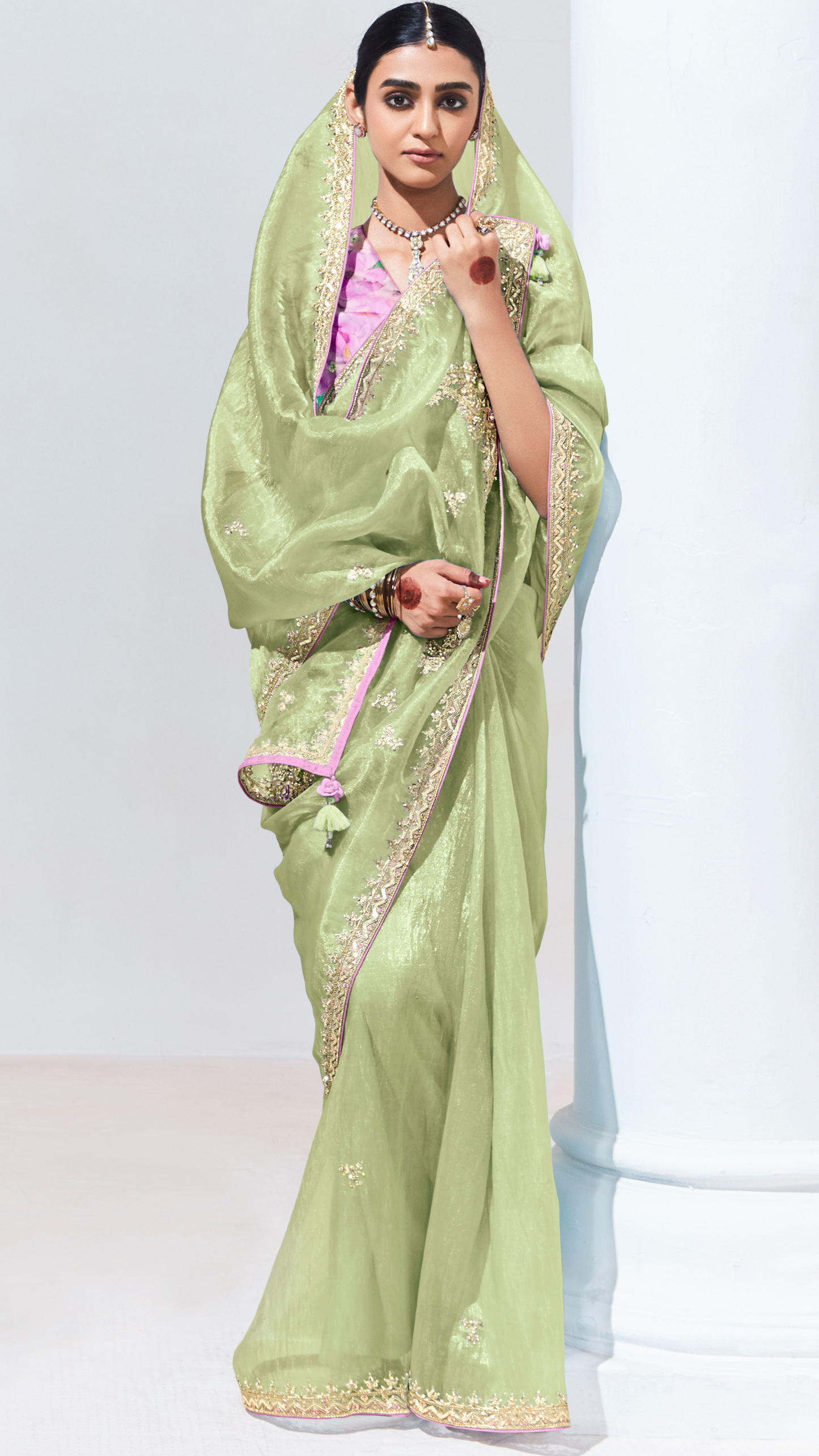 Dhiyona KM Women Sea Green Organza Tissue Silk Saree With Crushed Texture