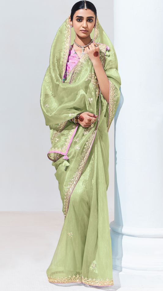 Dhiyona KM Women Sea Green Organza Tissue Silk Saree With Crushed Texture