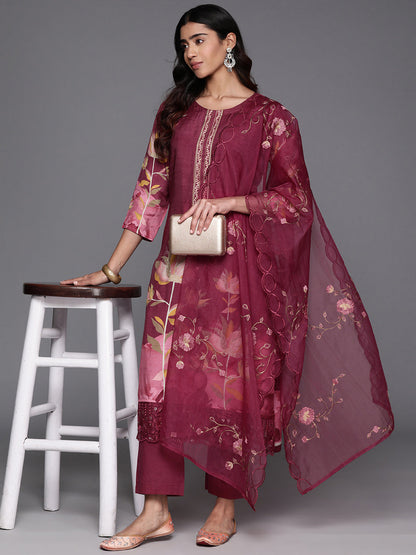 Dhiyona VR Women's Pure Muslin Maroon Floral Printed Kurta Paired With Tonal Bottom And Organza Dupatta