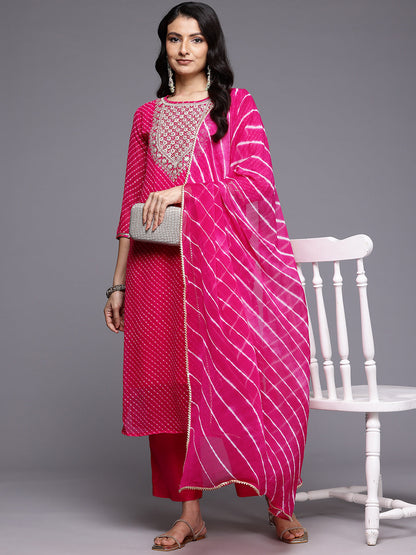 Dhiyona VR Women's Pink Bandhani Zari And Sequins Embroidered Kurta Set With Dupatta