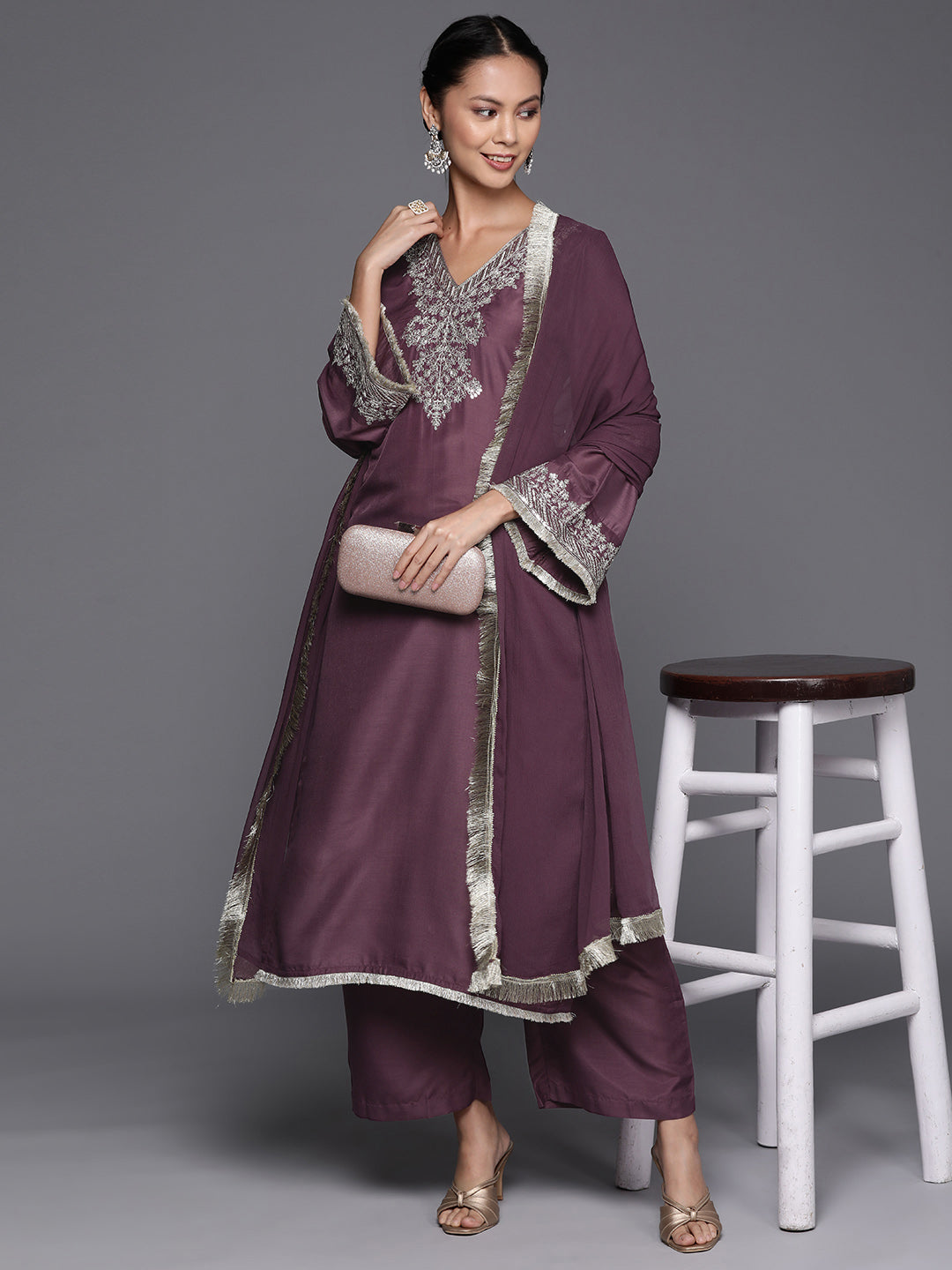 Dhiyona VR Women's Mauve V-Neck Yoke Embroidered Straight Kurta With Fringes Hem Paired With Tonal Bottom And Tonal Dupatta With Fringes