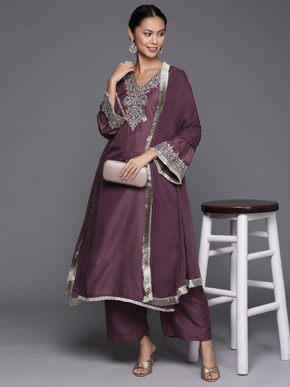 Dhiyona VR Women's Mauve V-Neck Yoke Embroidered Straight Kurta With Fringes Hem Paired With Tonal Bottom And Tonal Dupatta With Fringes