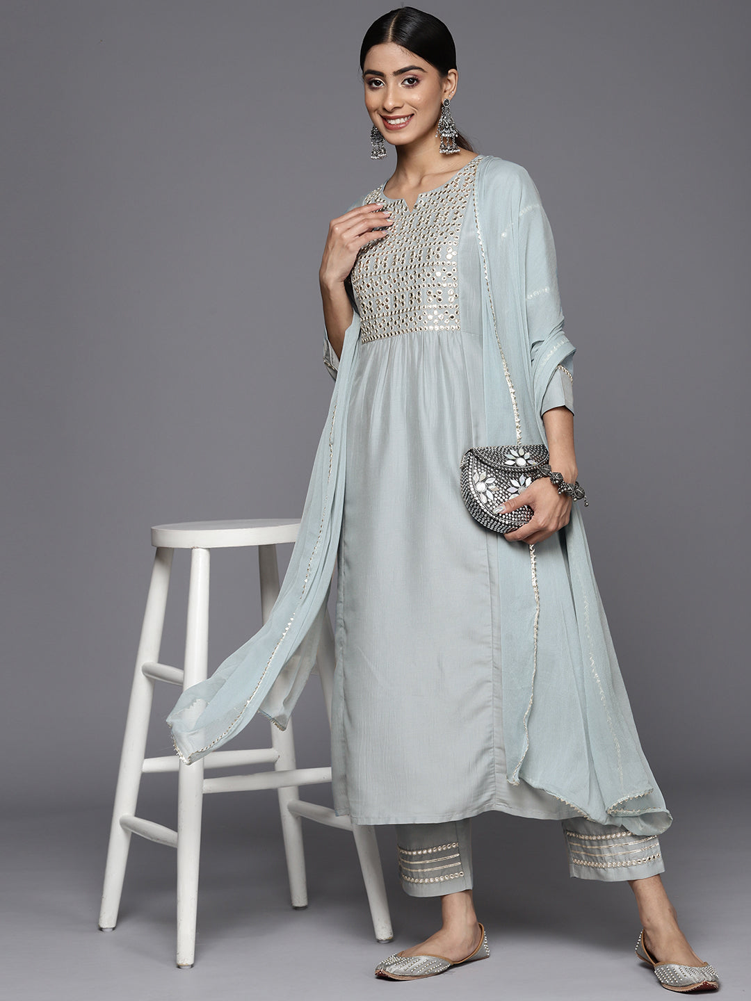 Dhiyona VR Women's Blue Mirror Work Yoke Embroidered Straight Kurta Paired With Tonal Bottom And Tonal Solid Dupatta With Four Side Fringes