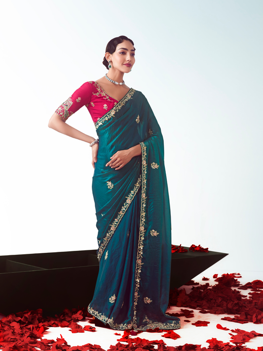 Dhiyona KM Women Teal Silk Saree Partywear Saree
