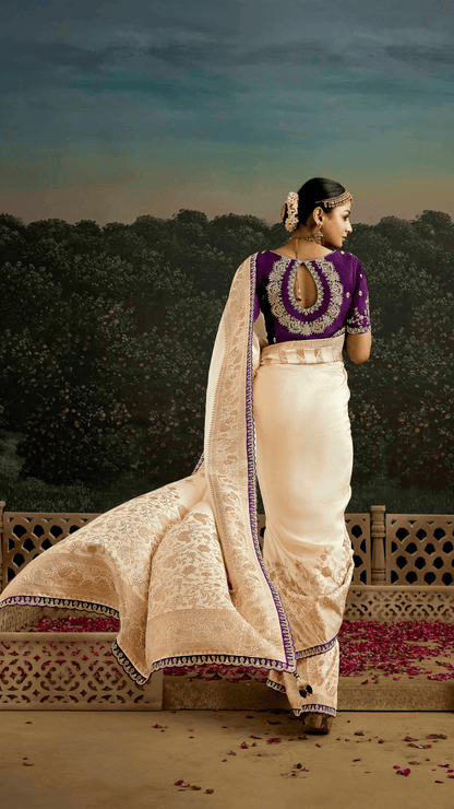 Dhiyona KM Women Off-White Banarasi Dola Silk Saree With Golden Zari Work