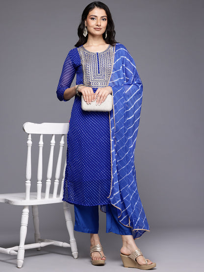 Dhiyona VR Women's Navy Blue Bandhani Zari Emboridered Kurta Set With Dupatta