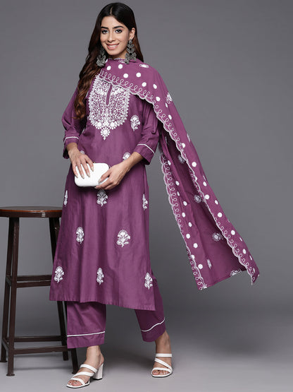 Dhiyona VR Women's Purple Thread Embroidered Kurta With Tonal Bottom And Dupatta