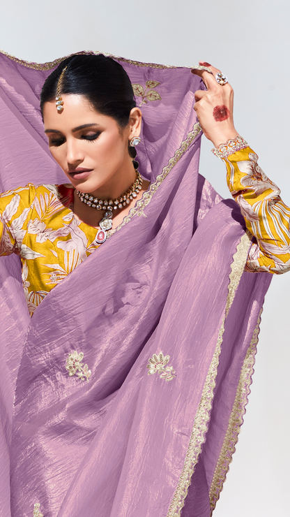 Dhiyona KM Women Purple Pure Tissue Silk Saree With Crushed Texture & Vibrant Yellow Blouse