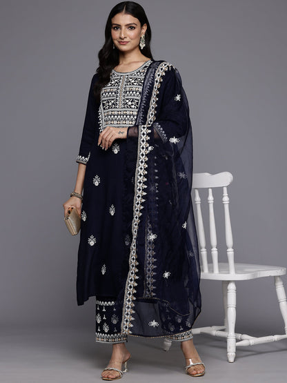Dhiyona VR Women's Navy Blue Round Neck Thread Embroidered Kurta Paired With Bottom And Dupatta