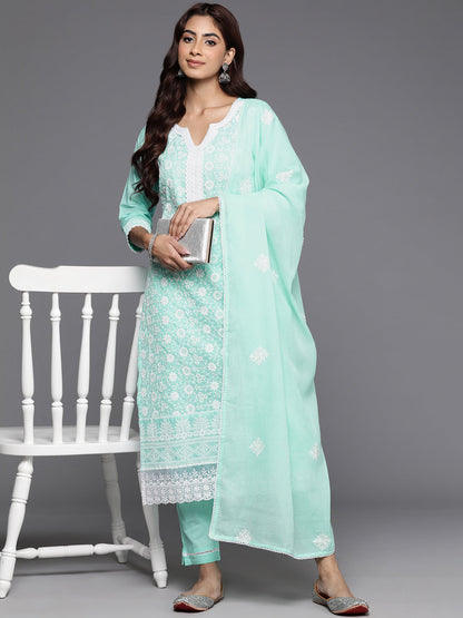 Dhiyona VR Women's Sea Green Thread Embroidered Straight Kurta With Bottom And Dupatta