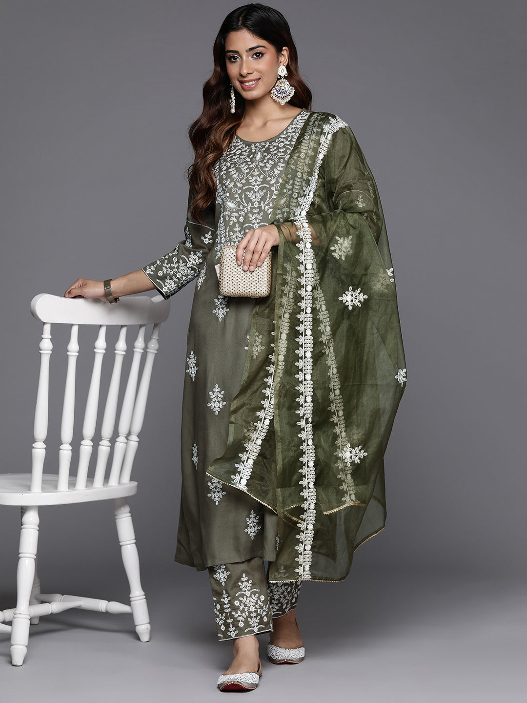 Dhiyona VR Women's Olive Embroidered Kurta Paired With Tonal Trouser And Dupatta