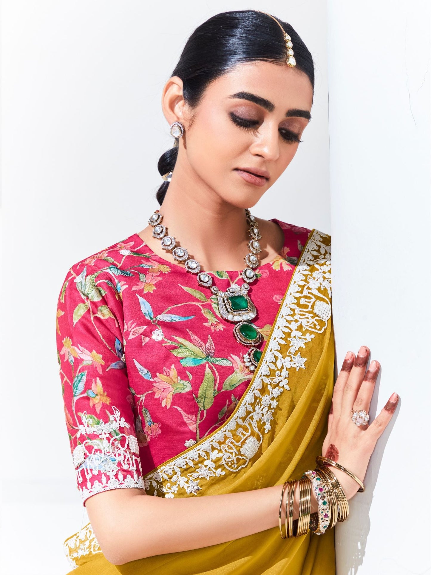 Dhiyona KM Women Yellow Saree With Floral-Print Blouse “ Radiant Elegance