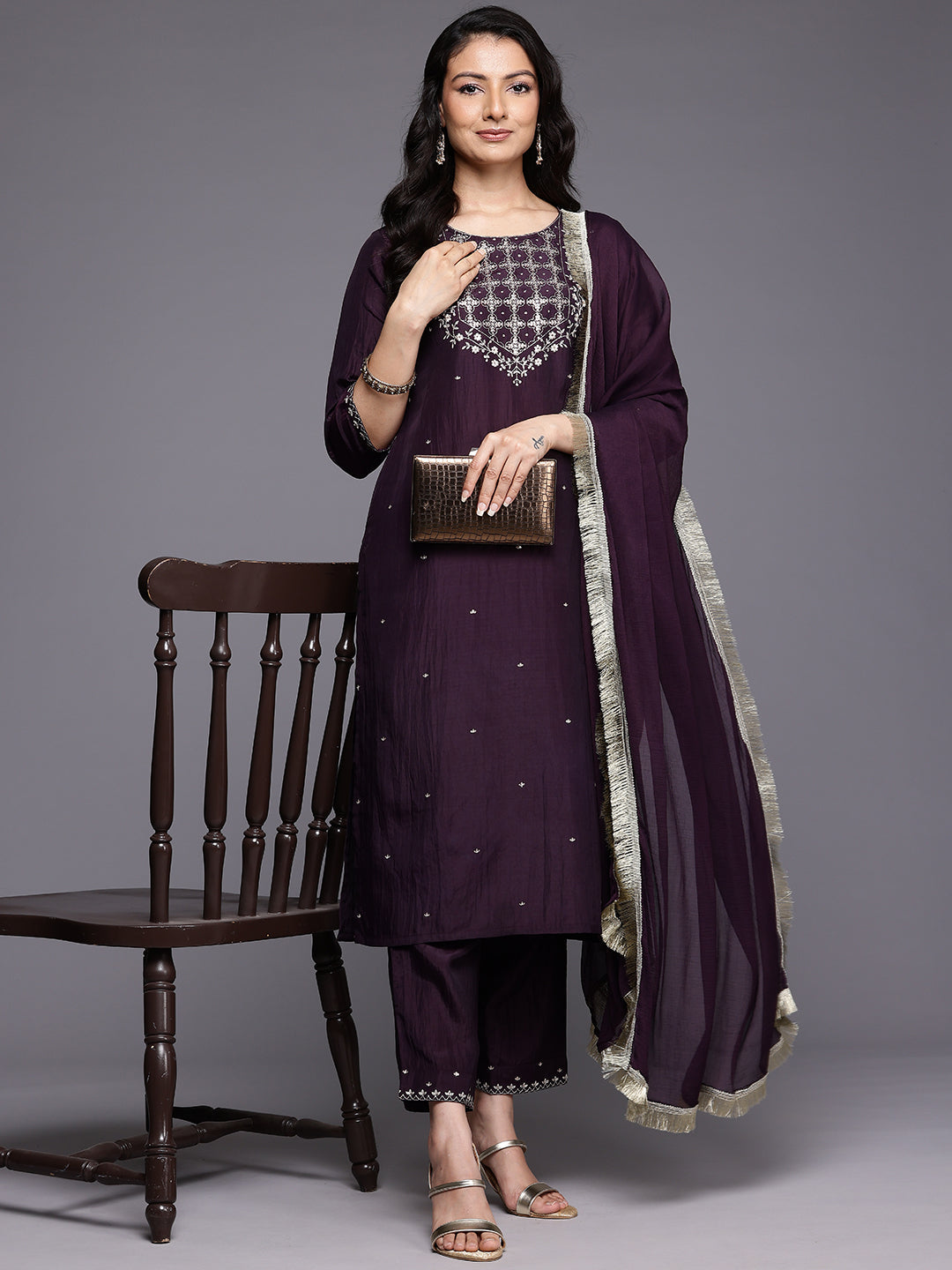 Dhiyona VR Women's Purple Thread Embroidered Sequins Embellished Straight Kurta Paired With Bottom And Dupatta