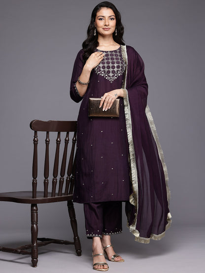Dhiyona VR Women's Purple Thread Embroidered Sequins Embellished Straight Kurta Paired With Bottom And Dupatta