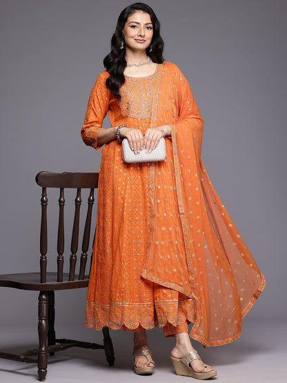 Dhiyona VR Women's Orange Mirror And Thread Embroidered,Zari Embellished Scalloped Schiffli Anarkali Kurta Paired Wirh Printed Bottom And Embroidered Dupatta