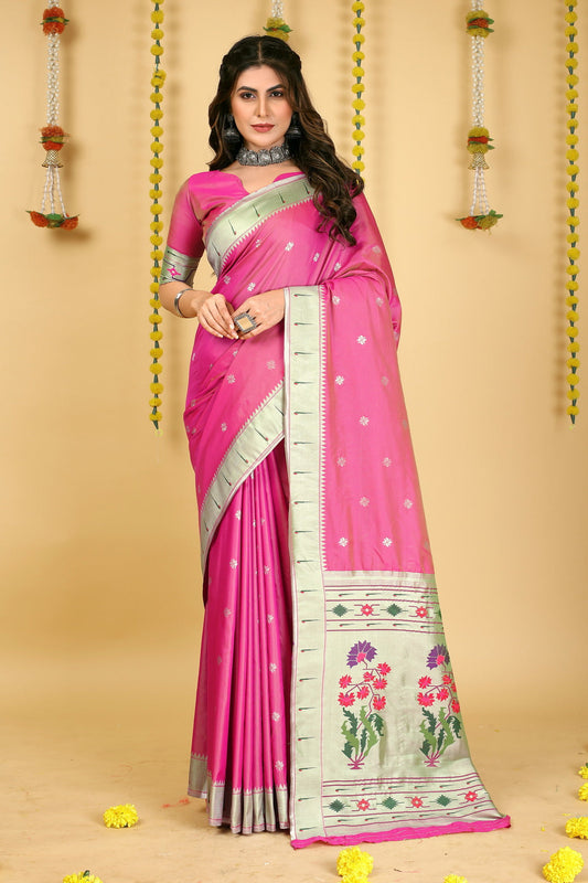 Dhiyona GR Women's Mastani 2 Rani Pink Zari Paithani Silk Saree