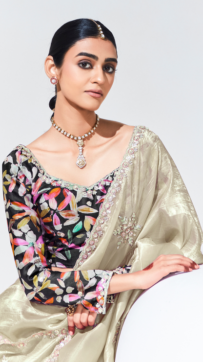Dhiyona KM Women Beige Pure Tissue Silk Saree With Crushed Texture & Multicolor Floral Print Blouse