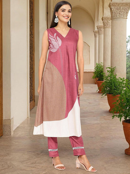 Dhiyona IS Women's Ethnic Motifs Printed V-Neck A-Line Kurta With Trousers