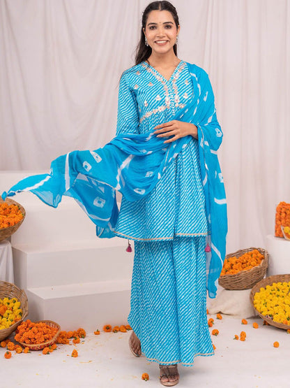 Dhiyona IS Women's Leheriya A-line Side Tie-Up Cotton Kurta with Sharara and Tie and Dye Dupatta