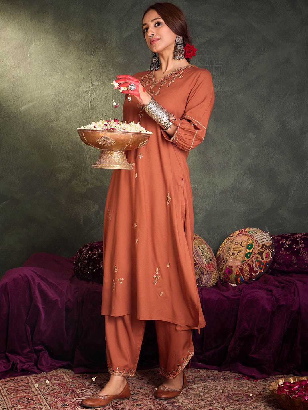 Floral Yoke Design V-Neck Thread Work A-Line Kurta With Palazzos