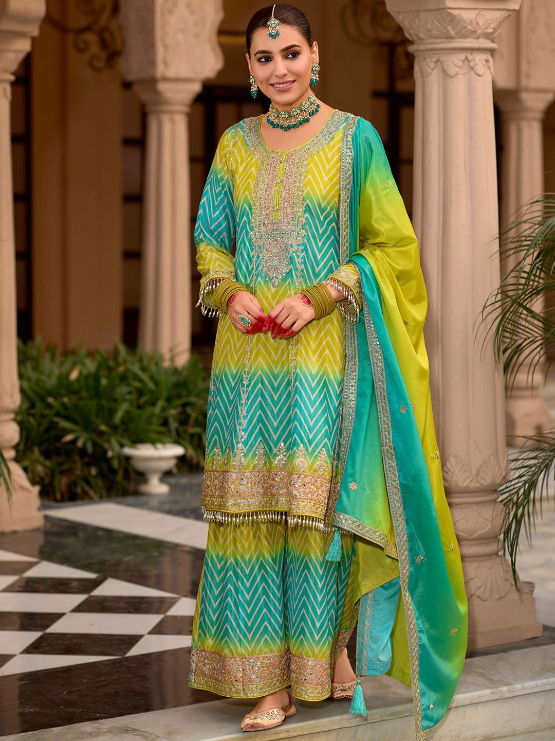 Floral Embroidered Sequinned Chinon A-line Kurta With Palazzos & Dupatta