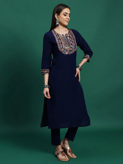 Dhiyona SN Women's Yoke Design Embroidered Pure Cotton Straight Kurta With Trousers & Dupatta