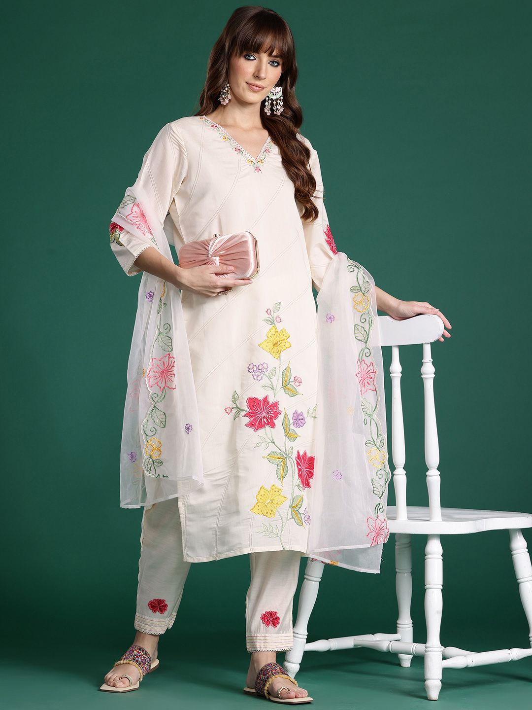 Floral Embroidered Thread Work Kurta with Trousers & With Dupatta