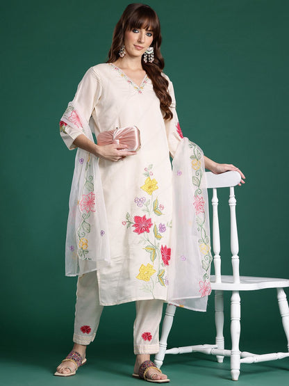 Floral Embroidered Thread Work Kurta with Trousers & With Dupatta