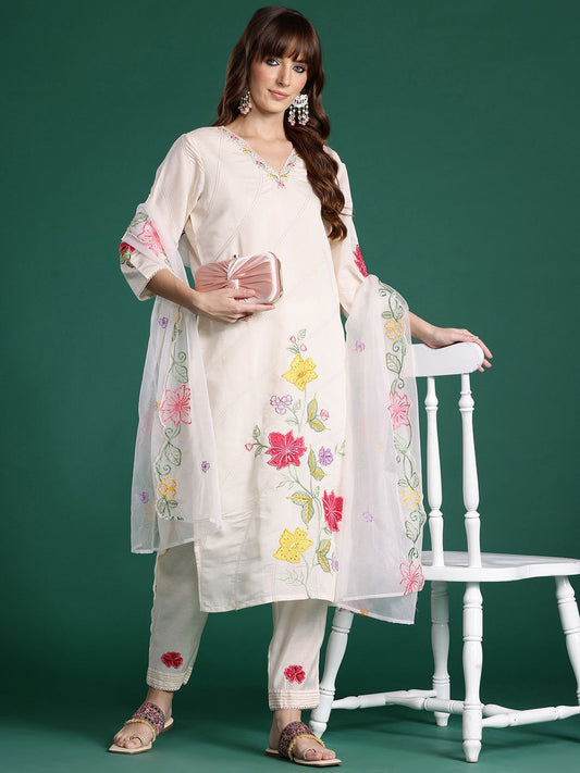 Floral Embroidered Thread Work Kurta with Trousers & With Dupatta