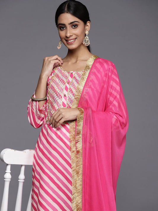 Dhiyona VA Women's Fuchsia Striped Gotta Patti Kurta with Trousers & With Dupatta