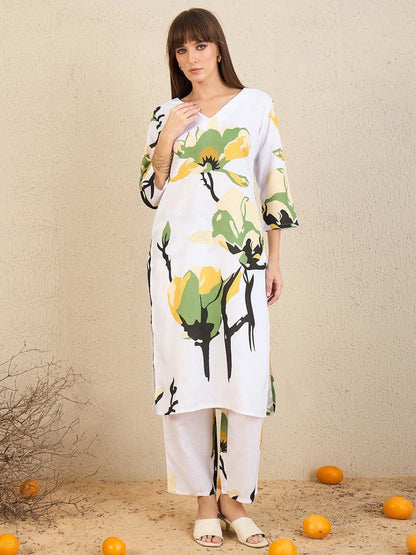 Dhiyona IE Floral Printed V Neck Straight Kurta With Trousers