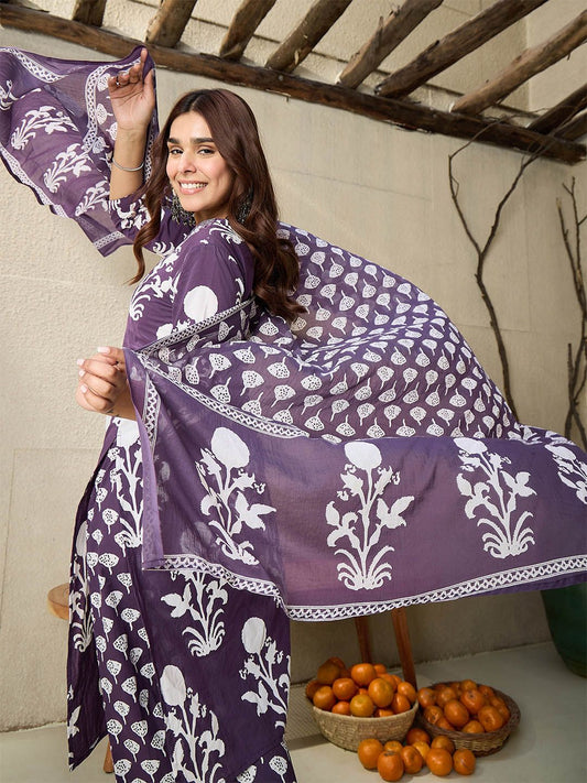 Dhiyona IE Floral Printed V-Neck Pure Cotton Straight Kurta With Trousers And Dupatta