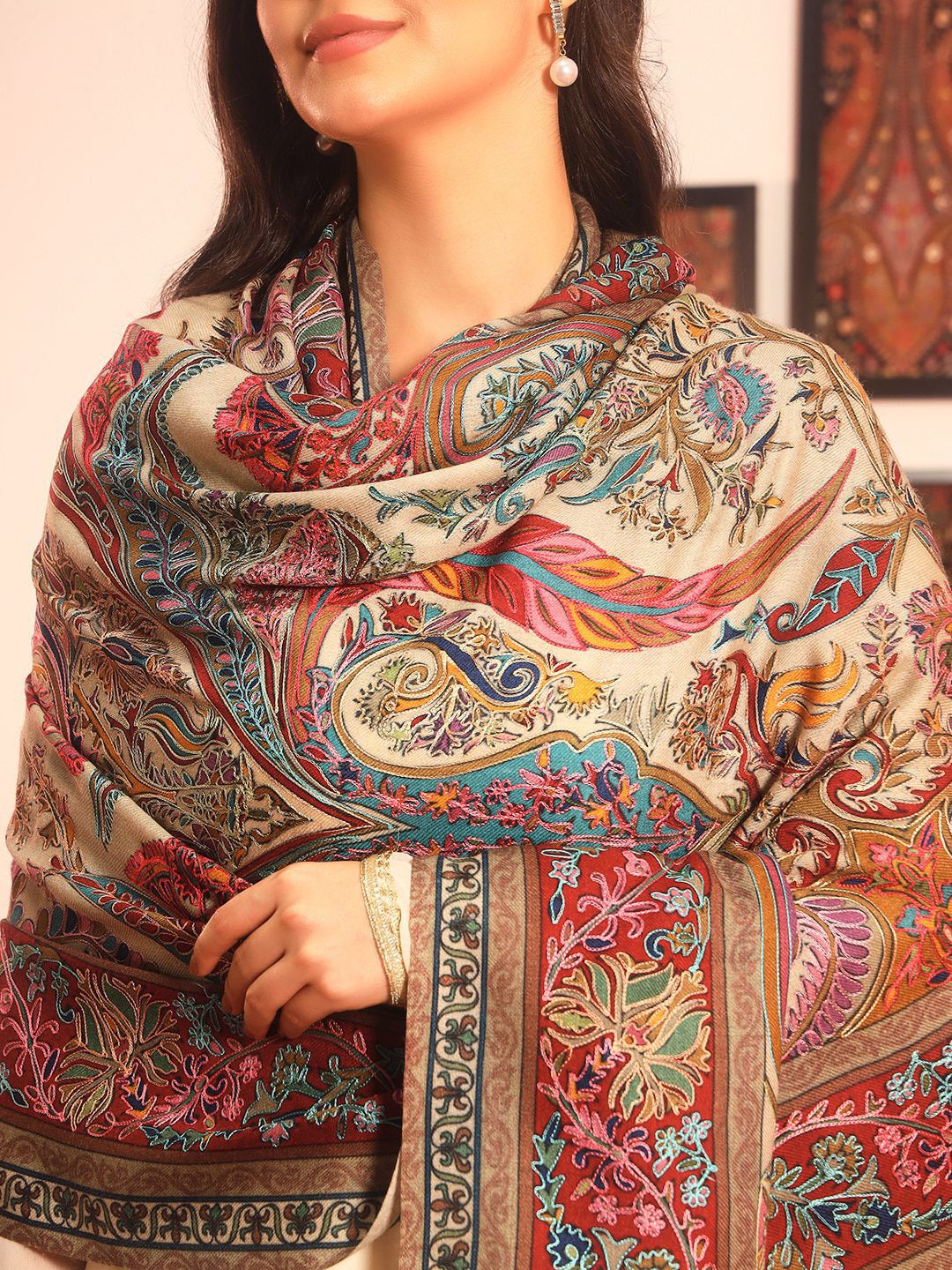 Dhiyona PA Paisley Embroidered Rangkalam Pure Wool Kalamkari Shawl