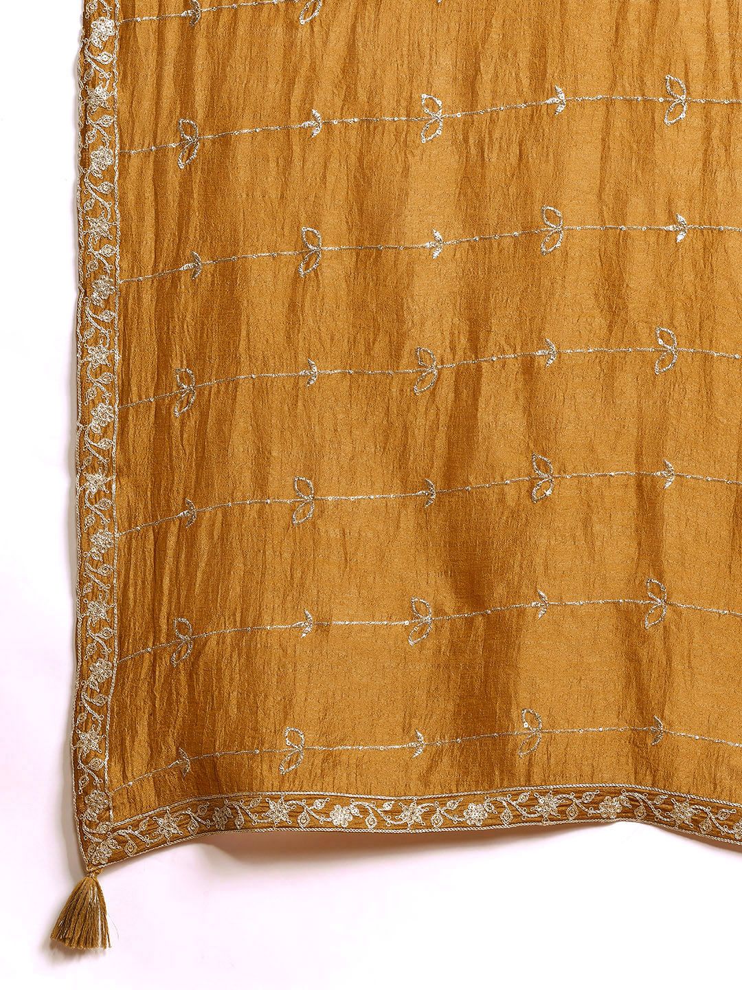 Floral Embroidered Pleated Zari Kurta With Trousers & Dupatta