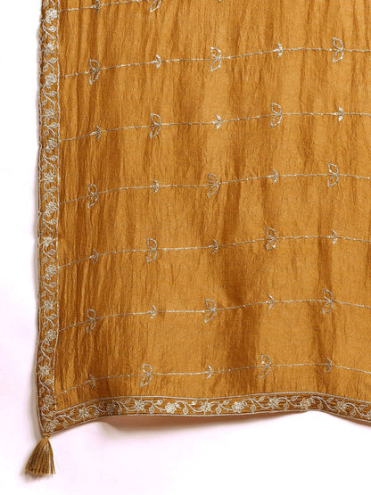 Floral Embroidered Pleated Zari Kurta With Trousers & Dupatta